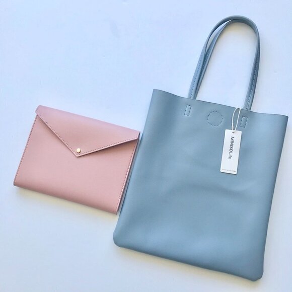 MINISO Shoulder Bag Blue Tote/Pink Portfolio Organizer Vegan Leather, Pen - Picture 13 of 16